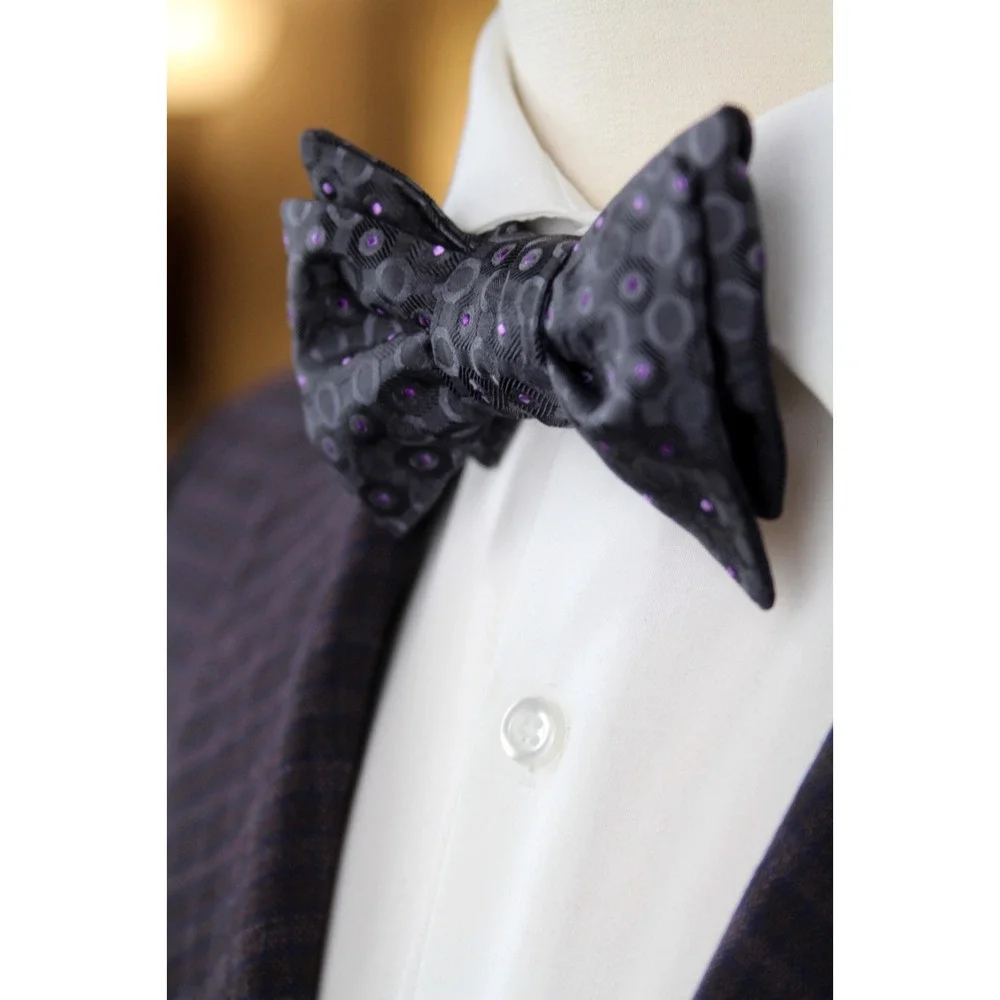 Men's Self-tied Bow‎ Tie 100%Silk Grey Purple Ornament S732BC